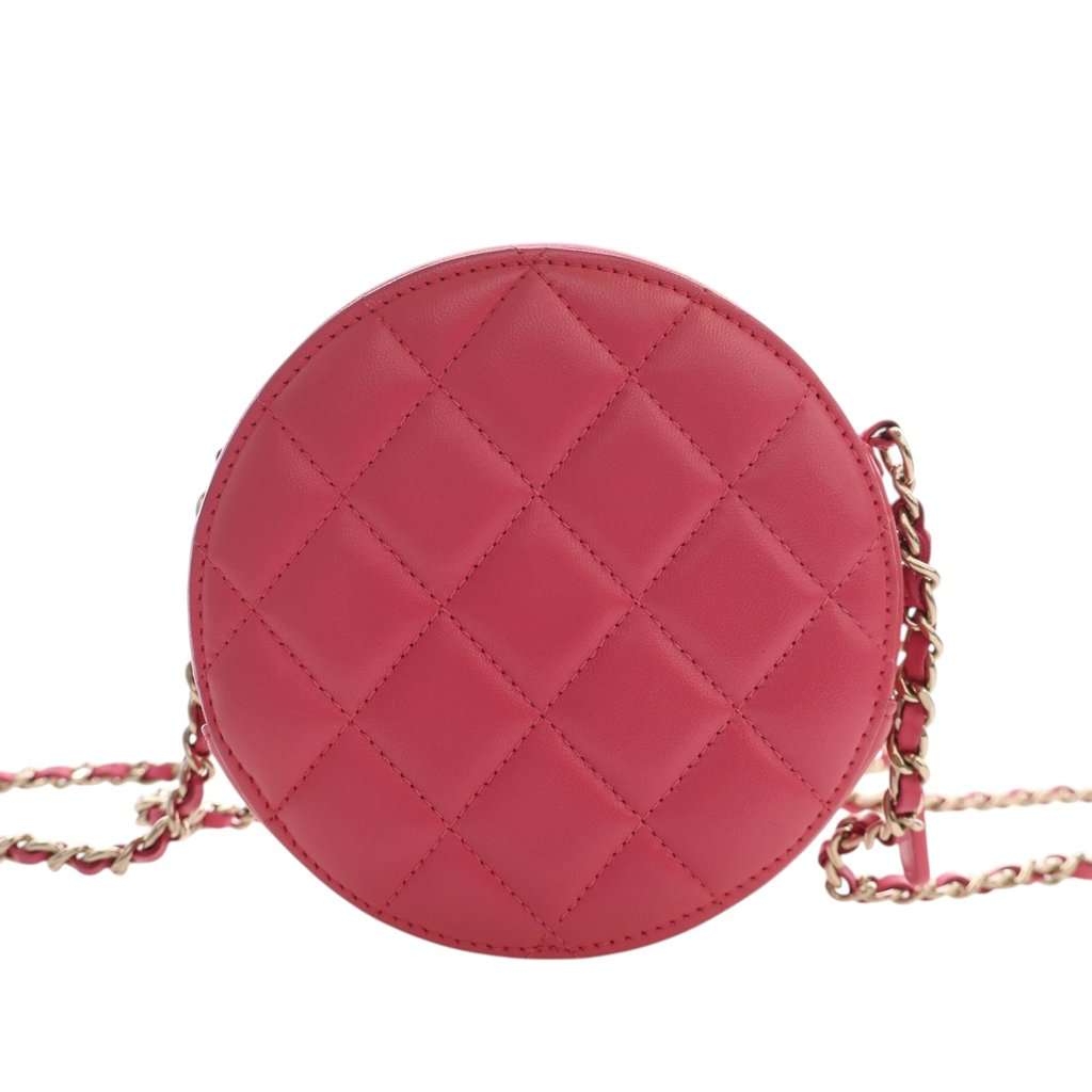 Chanel CC Quilted Lambskin Lucky Charms Round Clutch with Chain Pink Leather Very good - Model View