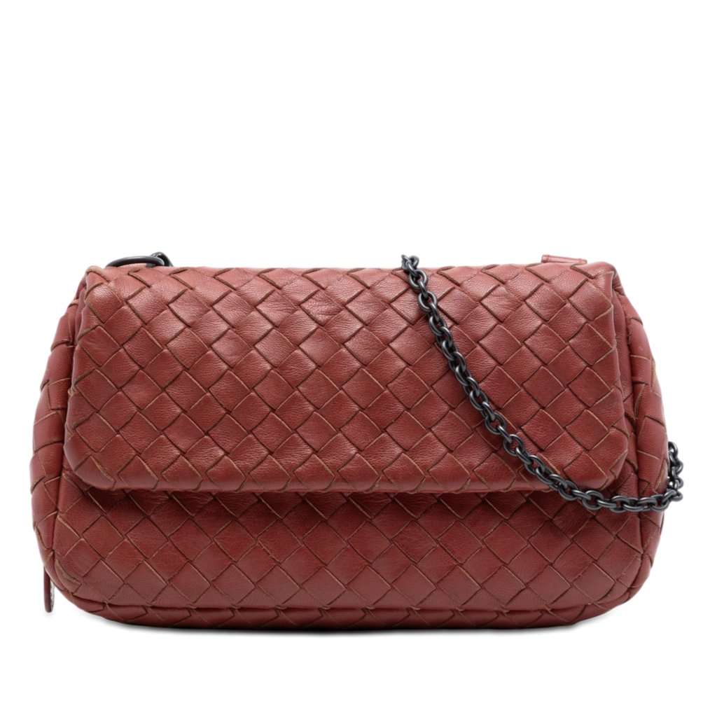 Bottega Veneta Mini Nappa Intrecciato Expandable Chain Flap Crossbody Red Leather Very good - Front View