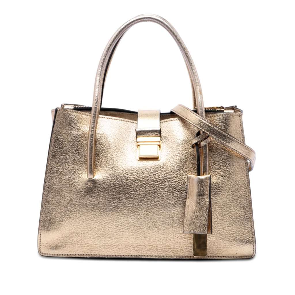 Miu Miu Metallic Goatskin Madras Push Lock Tote Gold Leather Very good - Front View