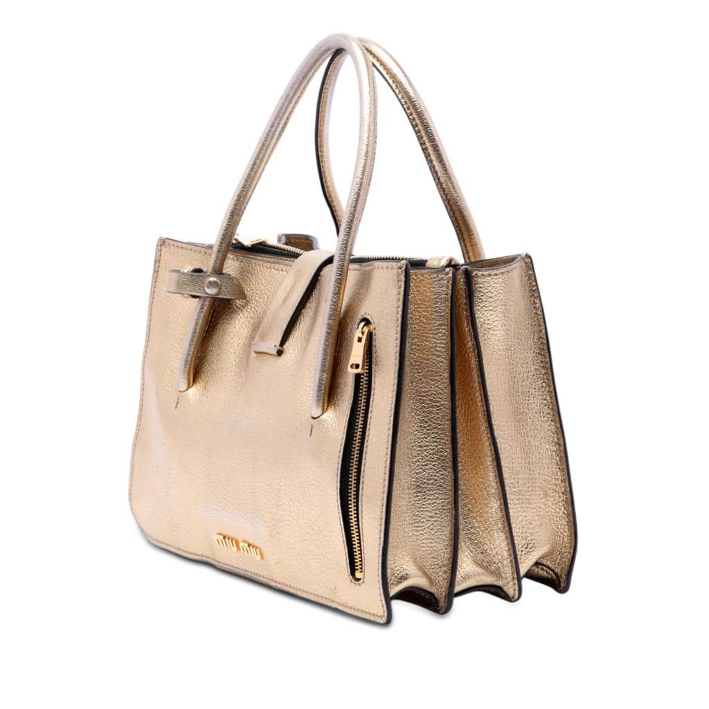 Miu Miu Metallic Goatskin Madras Push Lock Tote Gold Leather Very good - Back View