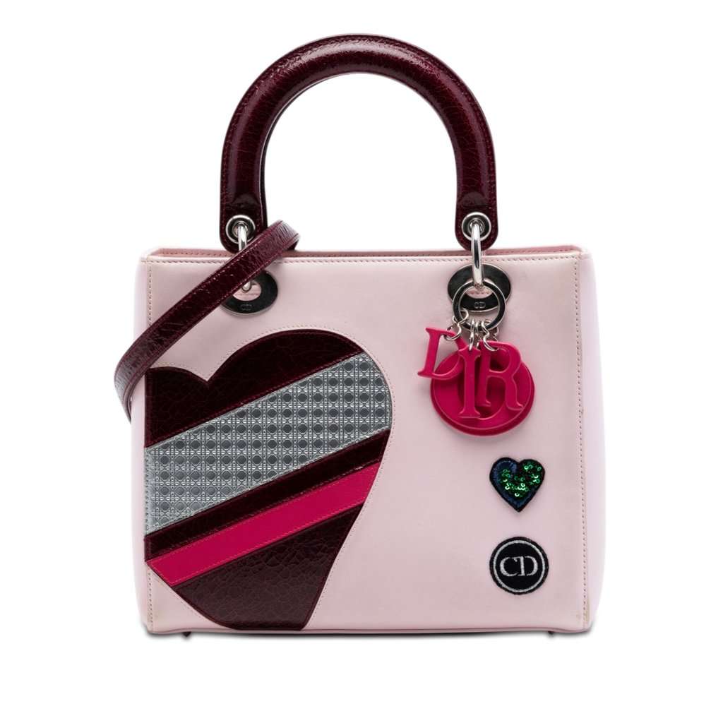 Dior Medium Calfskin Patent Embroidered Valentines Day Heart Lady Dior Pink Leather Very good condition - Front View