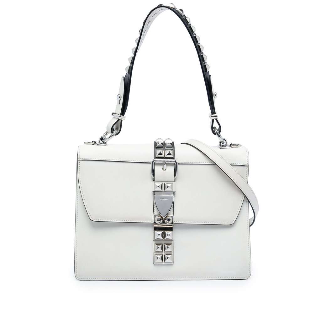 Prada City Calf and Saffiano Studded Elektra Satchel White Leather Very good - Front View