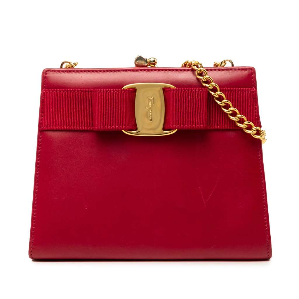 Ferragamo Leather Vara Bow Kiss Lock Chain Crossbody Red Leather Very good - Front View