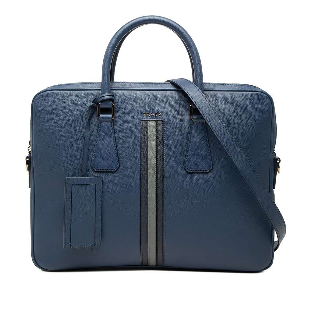 Prada Saffiano Striped Business Bag Blue Leather Very good condition - Front View