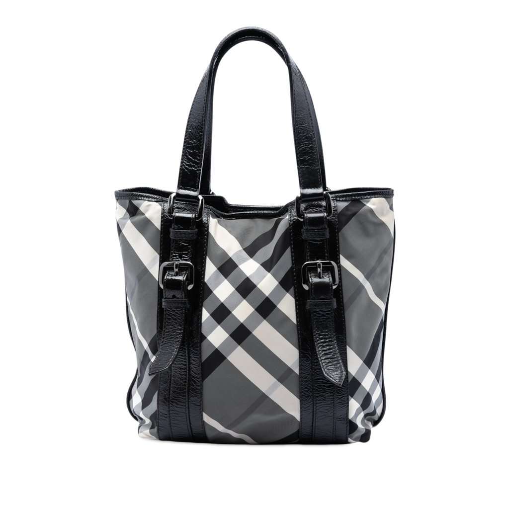 Burberry Small Beat Check Nylon Victoria Tote Black Very good condition - Front View
