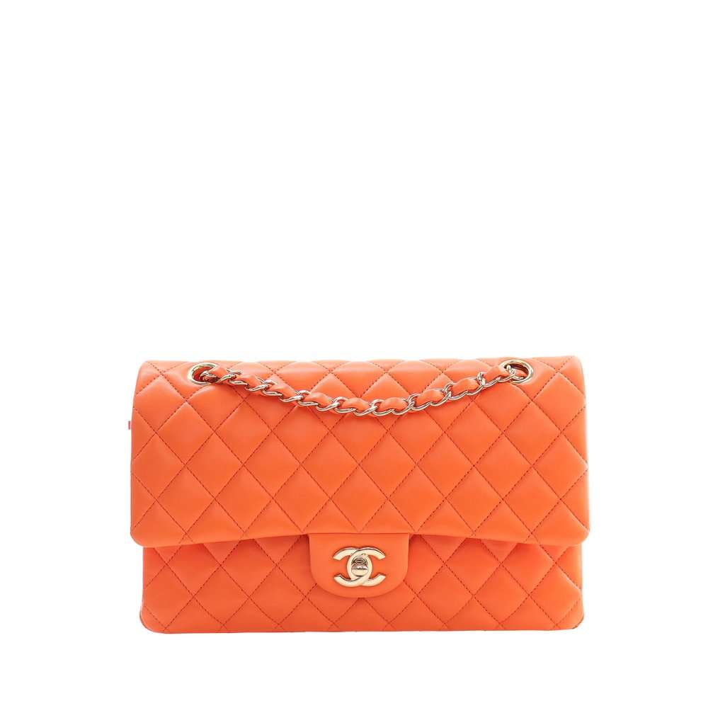 Chanel Medium Classic Lambskin Double Flap Orange Leather Very good condition - Front View