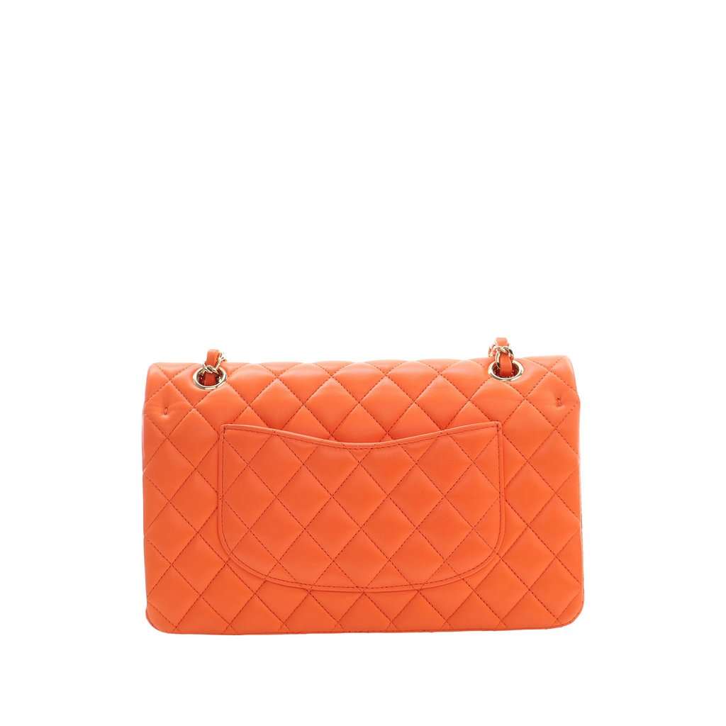 Chanel Medium Classic Lambskin Double Flap Orange Leather Very good condition - Back View