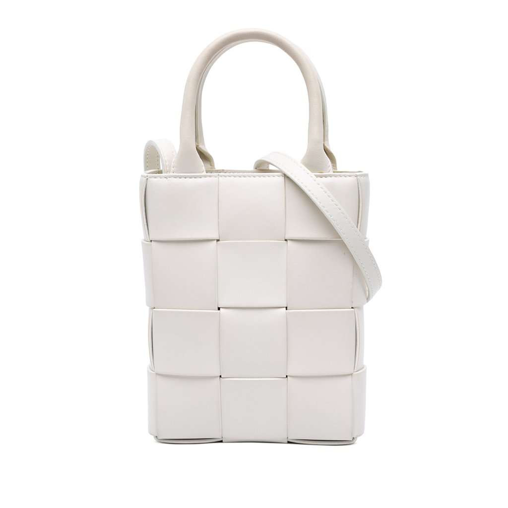 Bottega Veneta Mini Maxi Intrecciato Nappa North South Casette Tote White Leather Very good condition - Front View