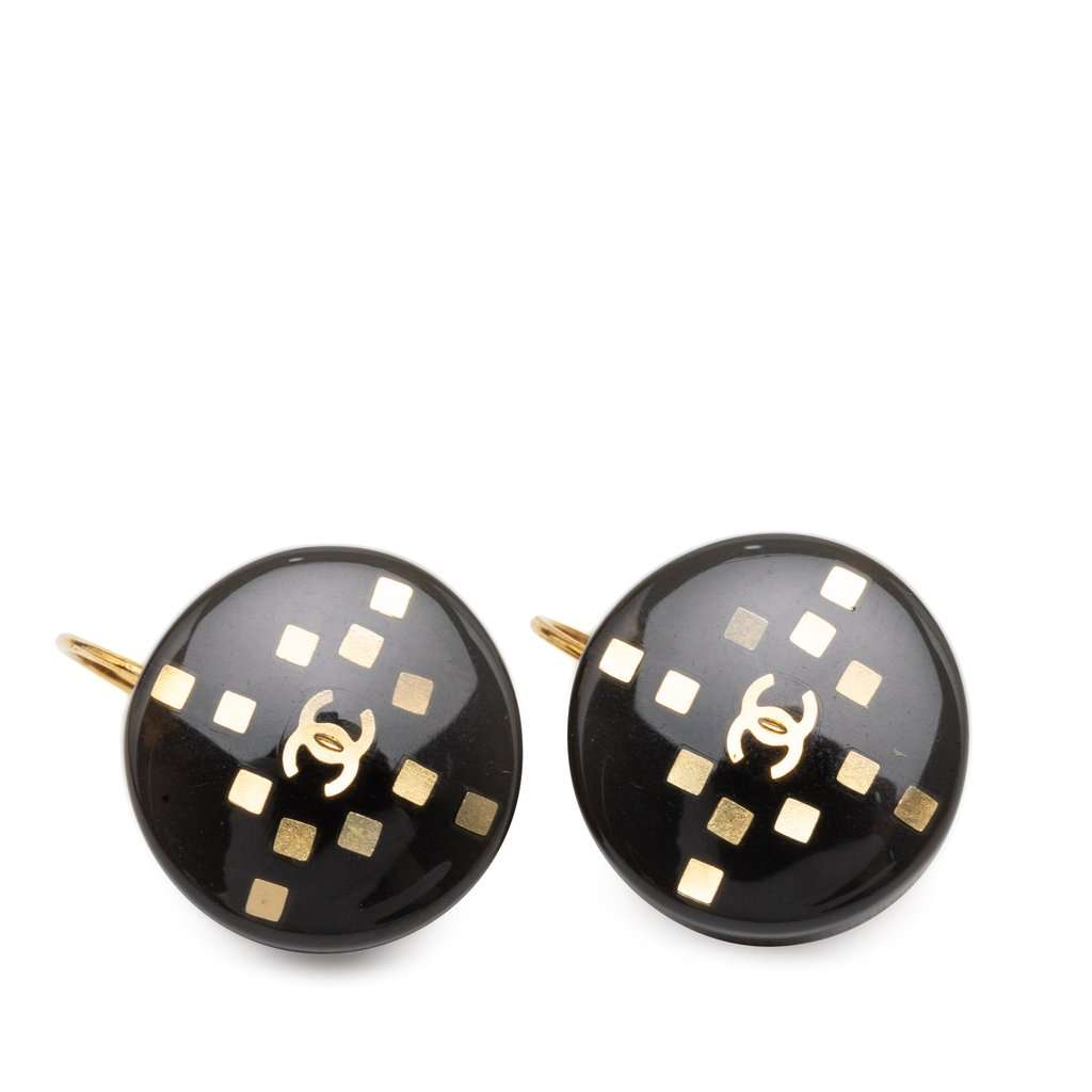 Chanel CC Resin and Gold Plated Round Lever Backs Earrings Black Plastic Very good condition - Front View