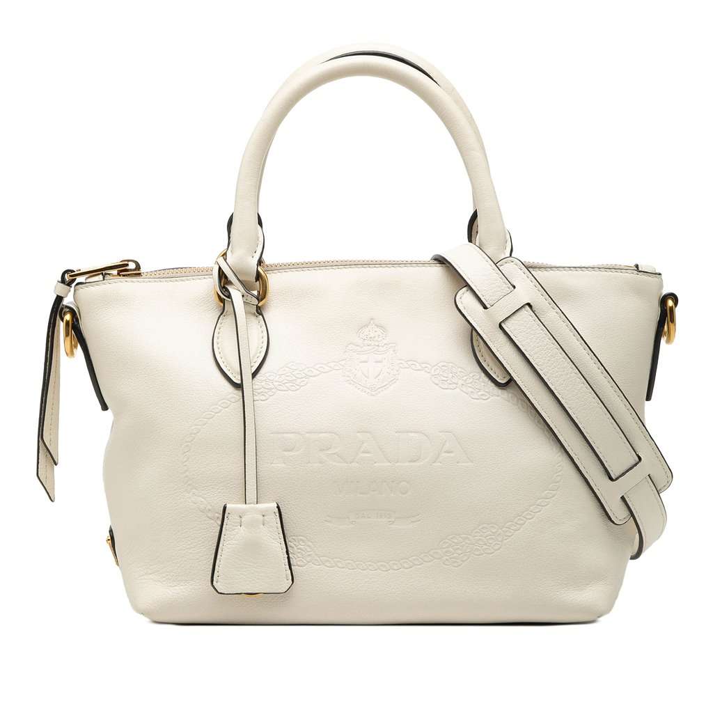 Prada Small Embossed Glace Calf Logo Convertible Satchel White Leather Very good condition - Front View