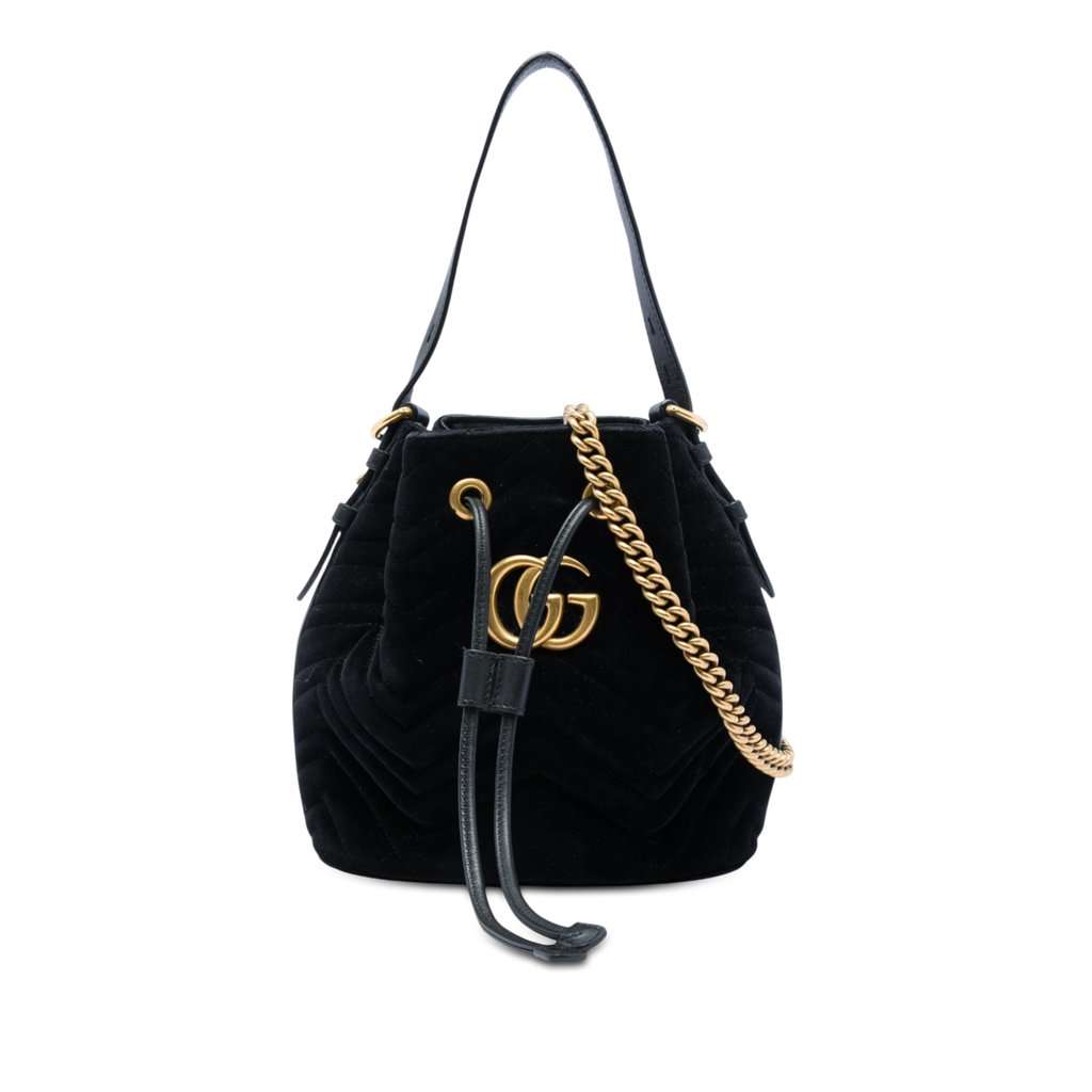 Gucci GG Marmont 2.0 Matelasse Velvet Bucket Bag Black Very good - Front View