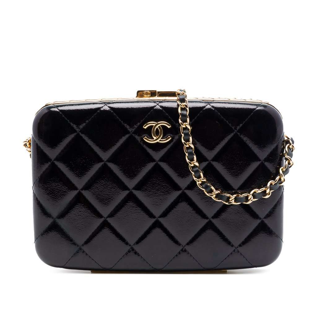 Chanel Large Glazed Goatskin Box With Chain Black Leather Very good - Front View