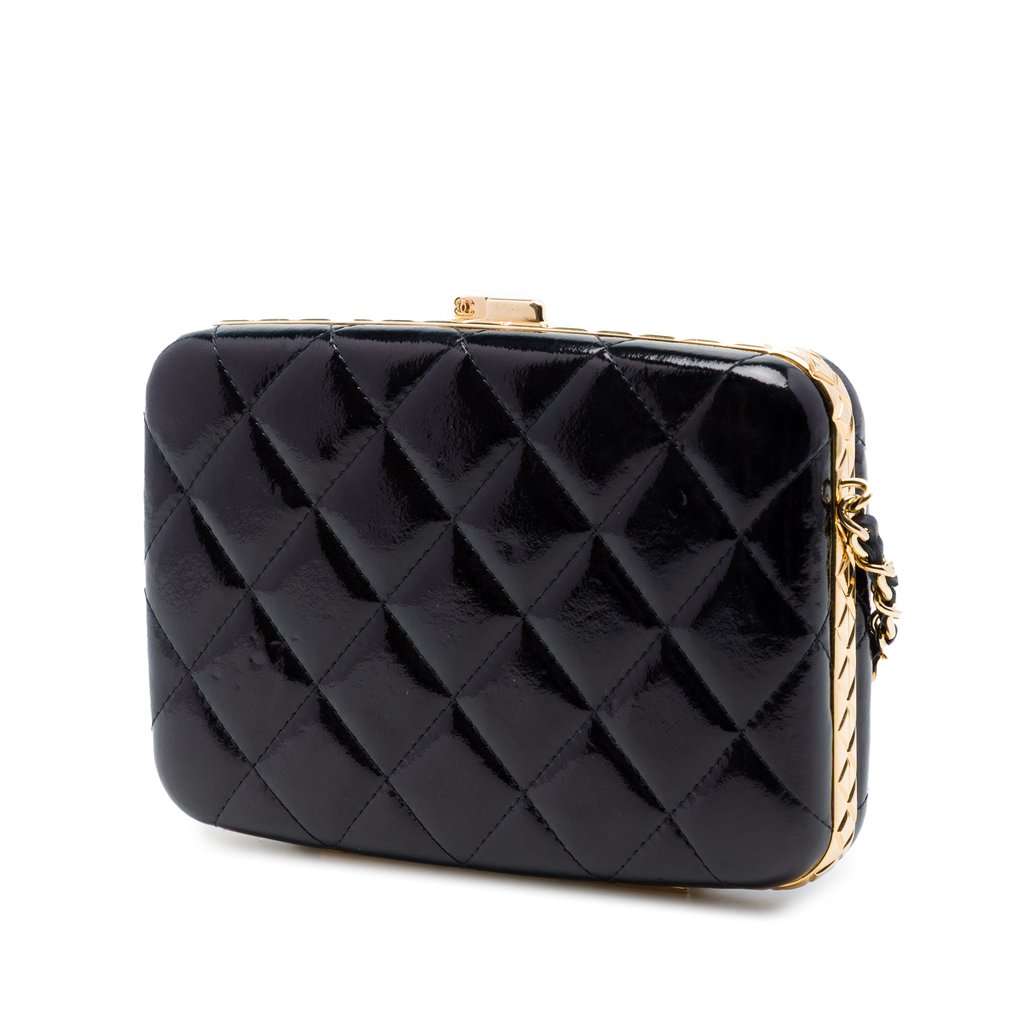Chanel Large Glazed Goatskin Box With Chain Black Leather Very good - Back View