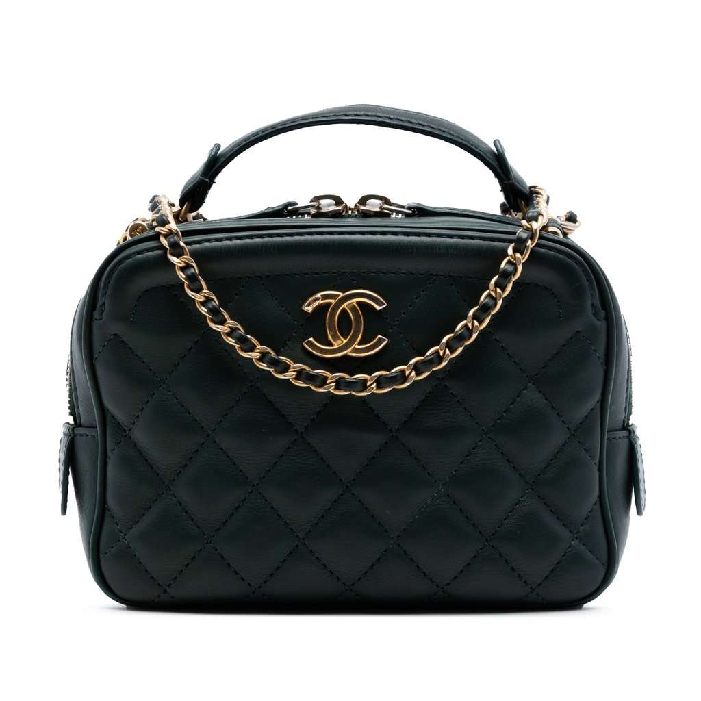 Chanel Small CC Quilted Calfskin Top Handle Vanity Case with Chain Green Leather Very good - Front View