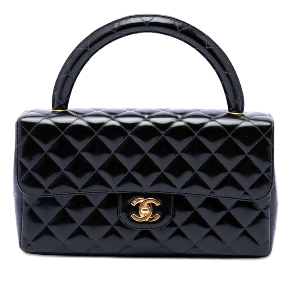 Chanel Medium CC Quilted Patent Rectangular Kelly Top Handle Bag Black Leather Very good condition - Front View