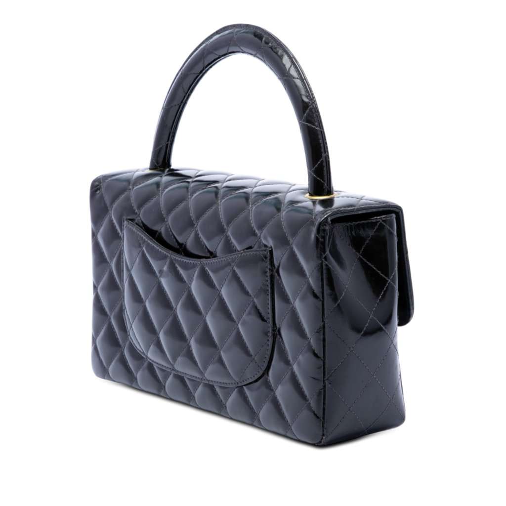 Chanel Medium CC Quilted Patent Rectangular Kelly Top Handle Bag Black Leather Very good condition - Back View