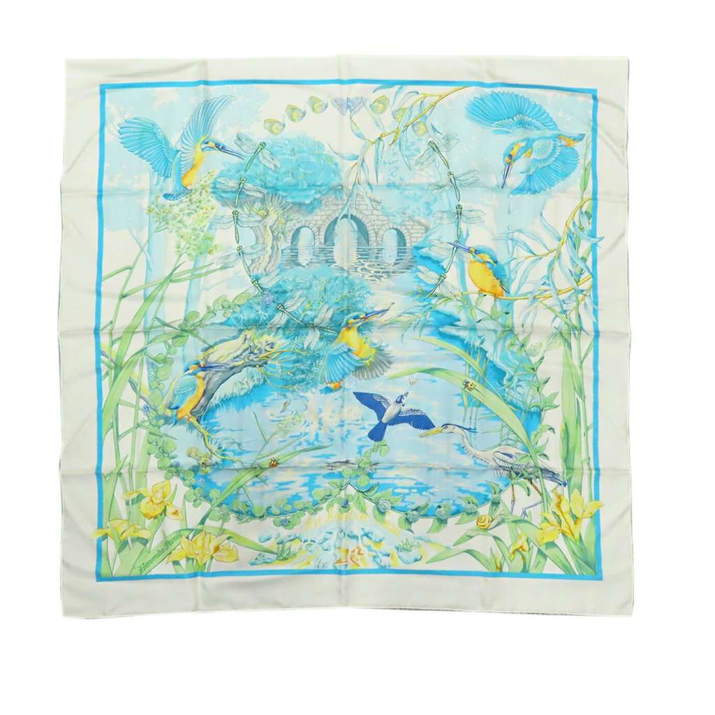 Hermès Au Bord Leau Silk Scarf 90 White Very good condition - Front View