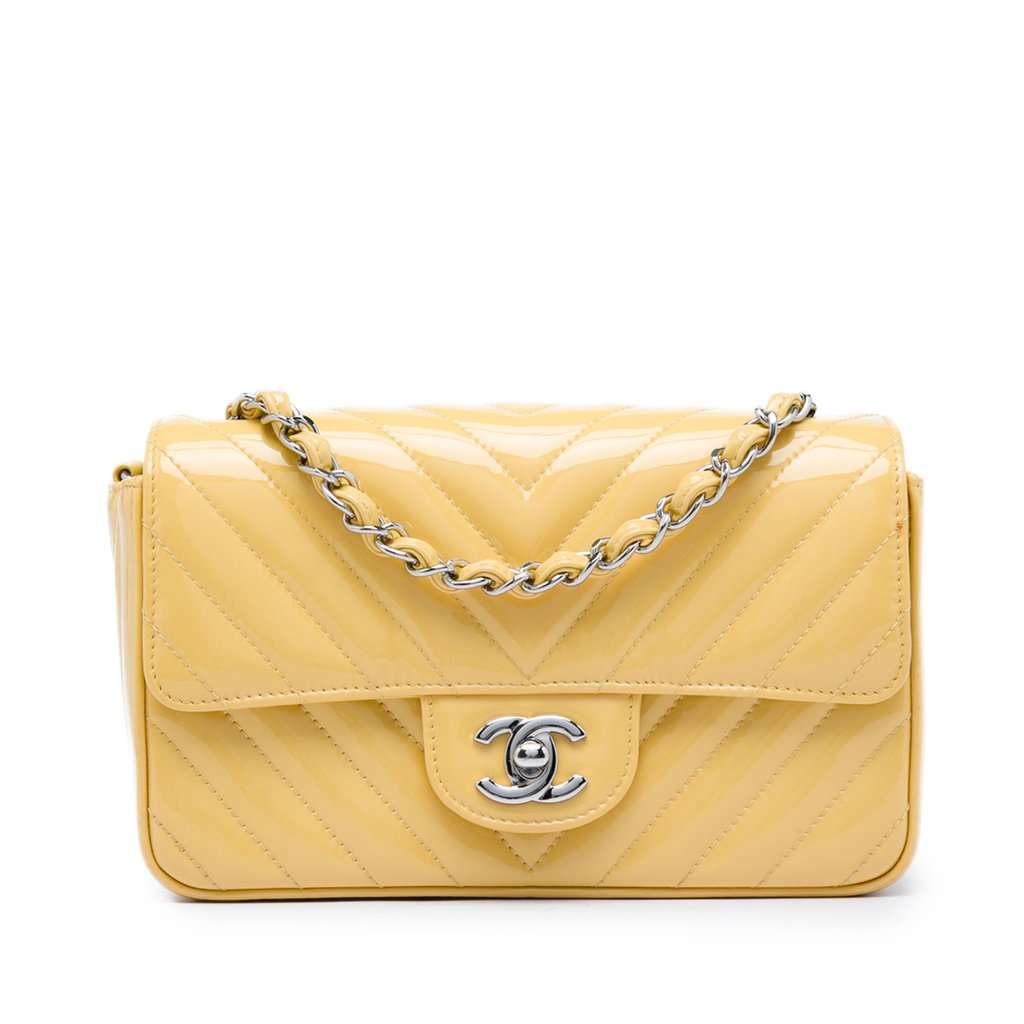 Chanel Mini Rectangular Classic Chevron Patent Single Flap Yellow Leather Very good condition - Front View