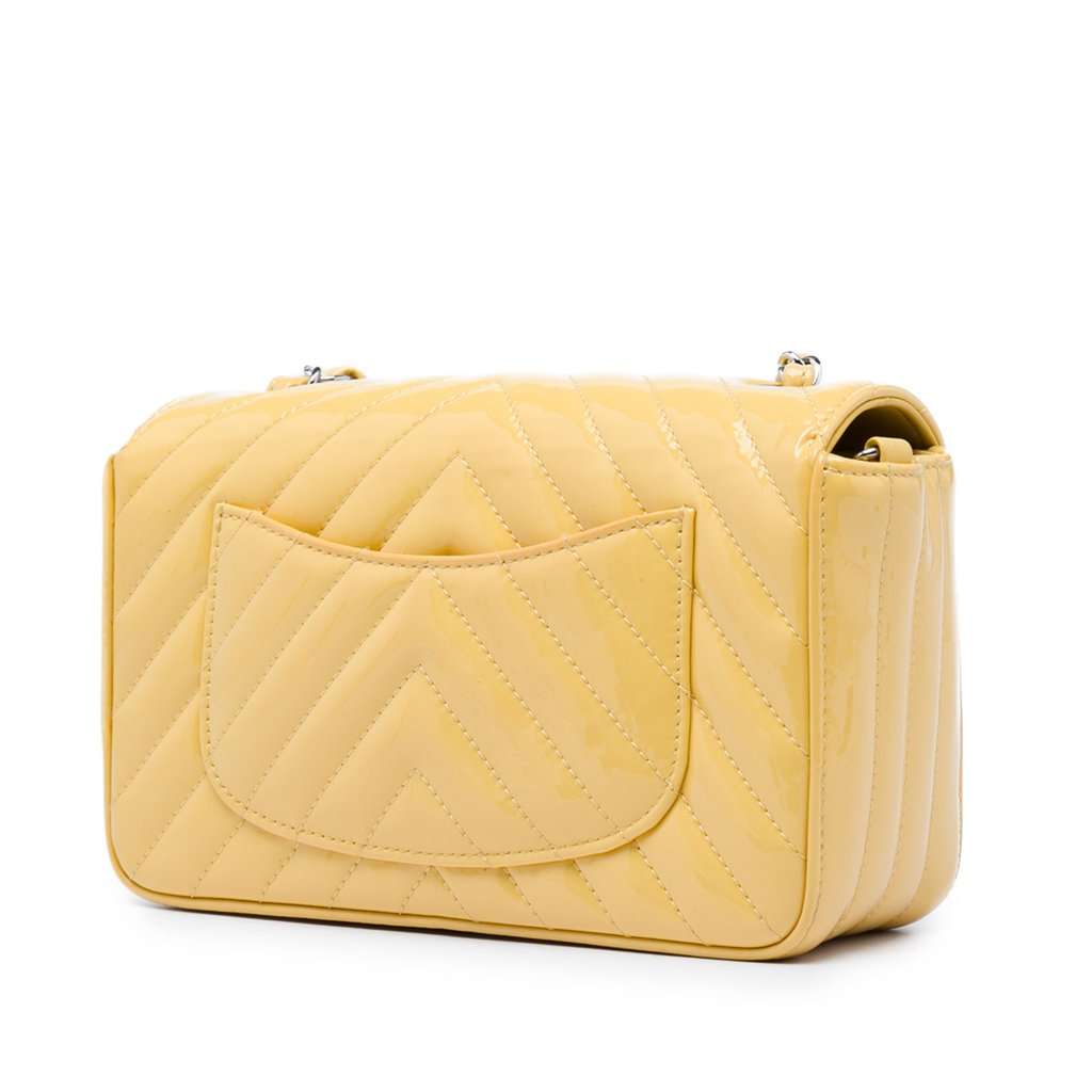 Chanel Mini Rectangular Classic Chevron Patent Single Flap Yellow Leather Very good condition - Back View