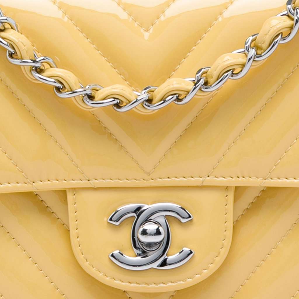 Chanel Mini Rectangular Classic Chevron Patent Single Flap Yellow Leather Very good condition - Box View