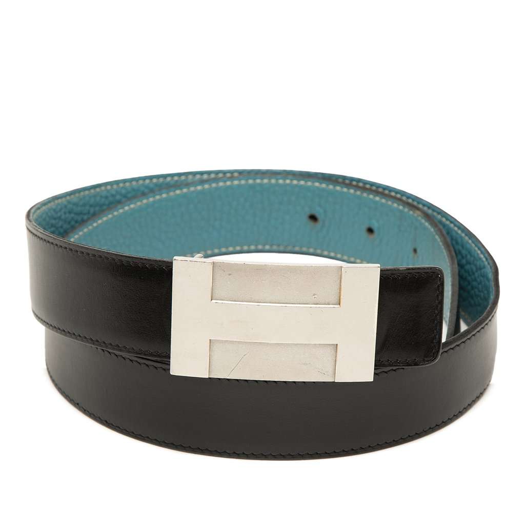 Hermès Box Calf and Togo H Plate Reversible Belt Black Leather Very good - Front View