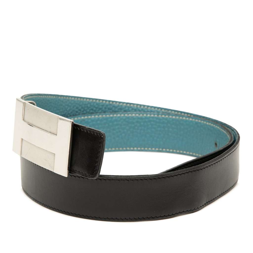 Hermès Box Calf and Togo H Plate Reversible Belt Black Leather Very good - Back View