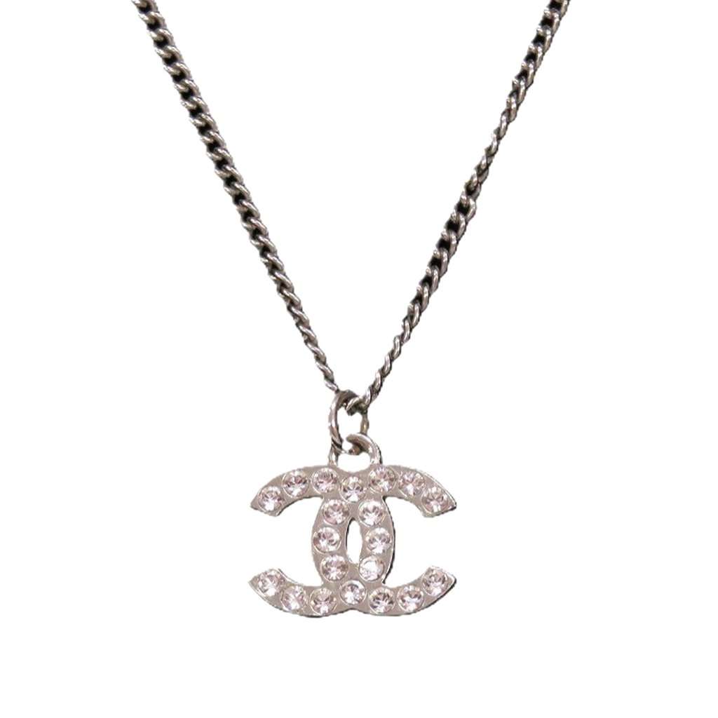 Chanel CC Brass and Strass Pendant Necklace Silver Metal Very good condition - Front View