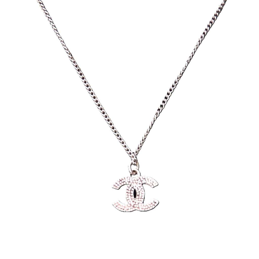 Chanel CC Brass and Strass Pendant Necklace Silver Metal Very good condition - Back View
