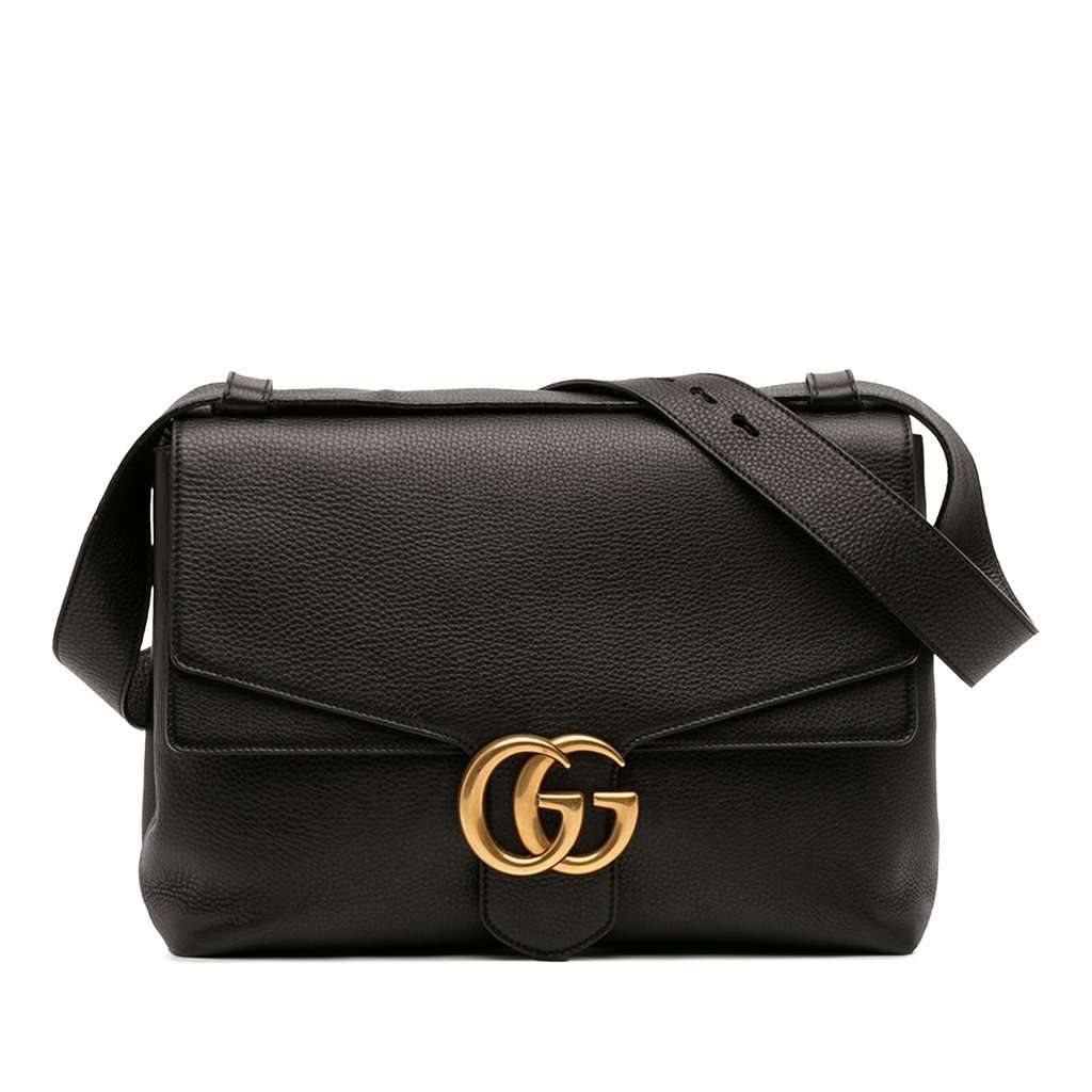 Gucci Large GG Marmont Pebbled Calfskin Flap Shoulder Bag Black Leather Very good condition - Front View
