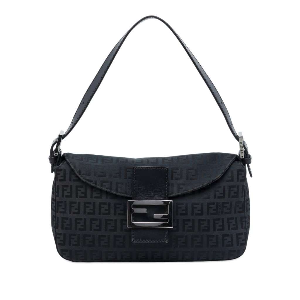 Fendi Zucchino Canvas Double Flap Shoulder Bag Blue Very good - Front View