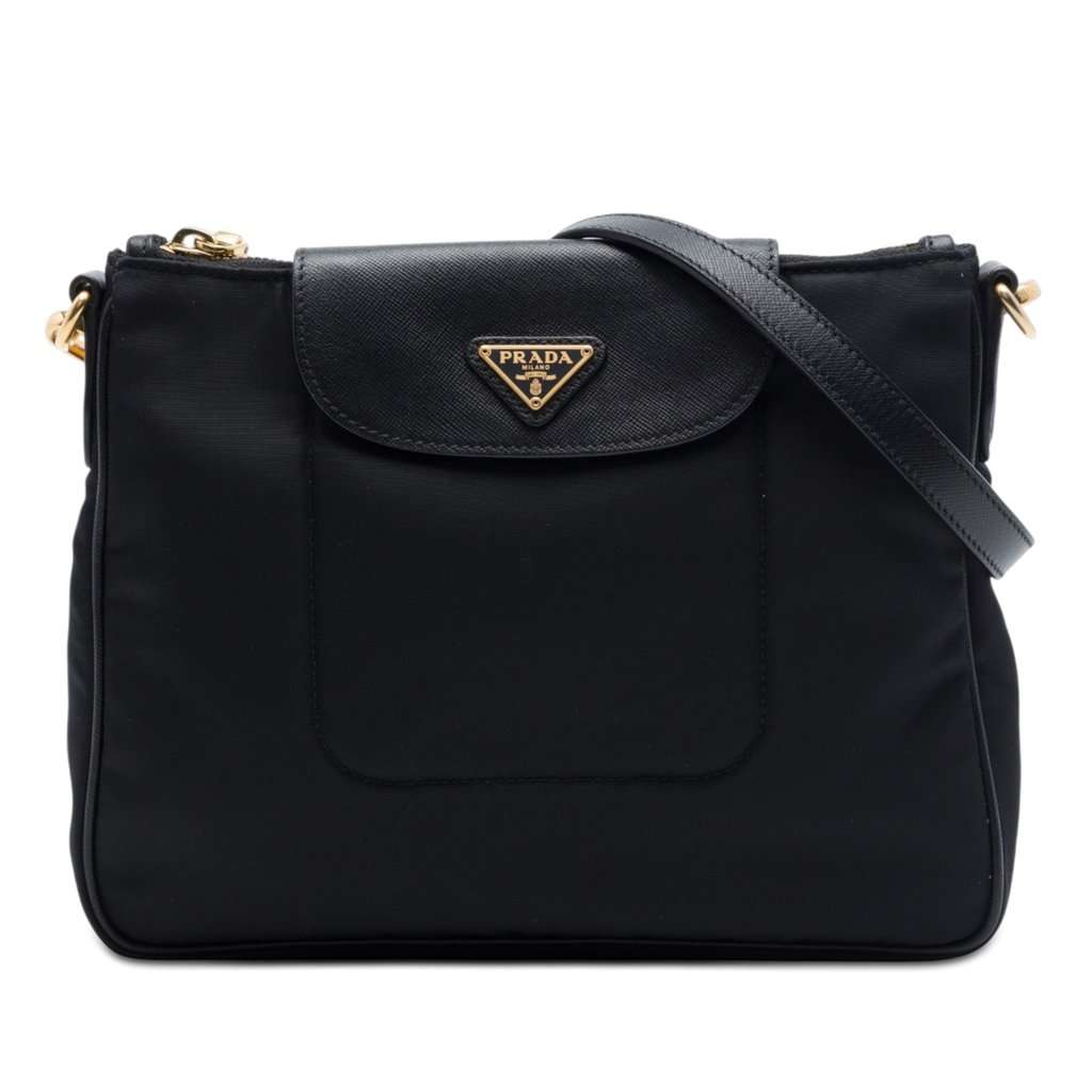Prada Saffiano Trimmed Tessuto Crossbody Black Very good - Front View