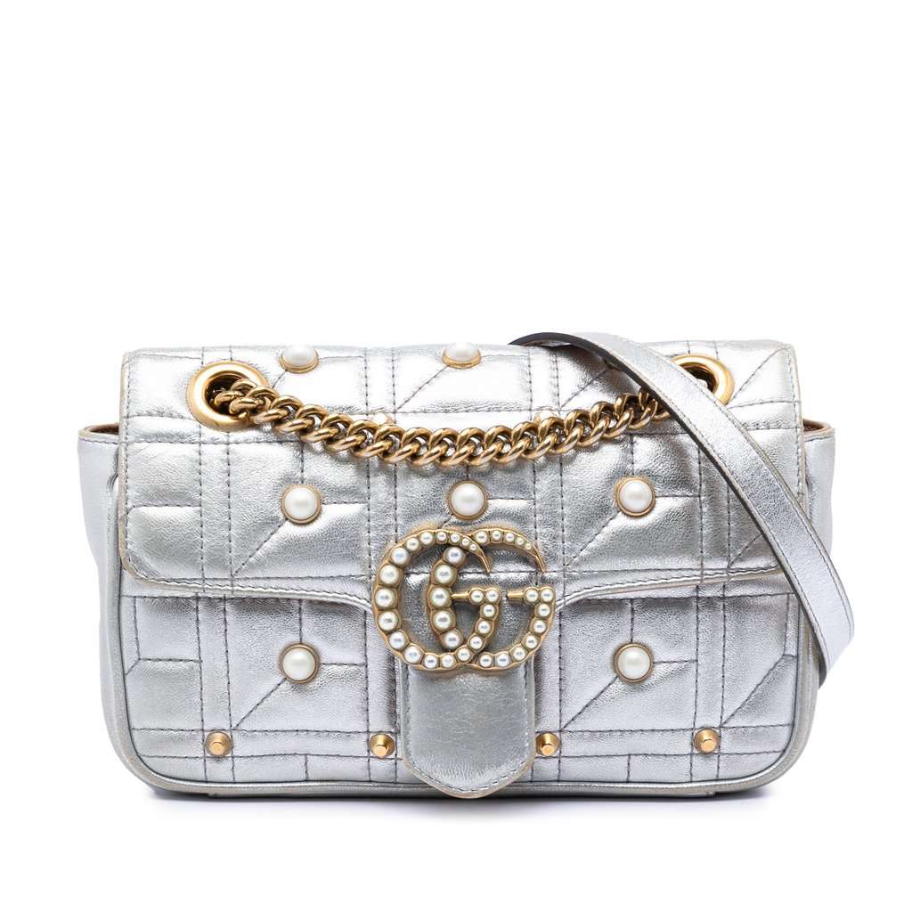 Gucci Small Pearly GG Marmont Pearl Studded Matelasse Leather Shoulder Bag Silver Leather Very good condition - Front View