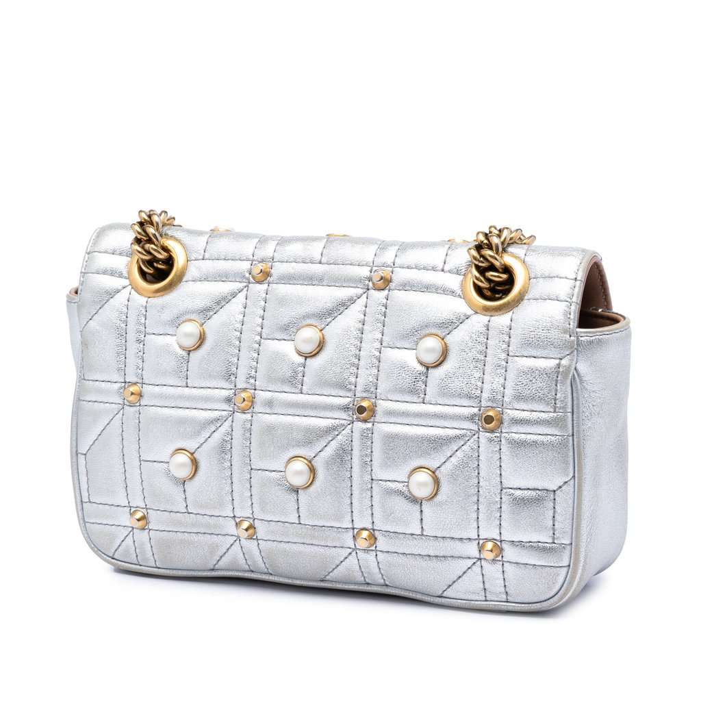 Gucci Small Pearly GG Marmont Pearl Studded Matelasse Leather Shoulder Bag Silver Leather Very good condition - Back View