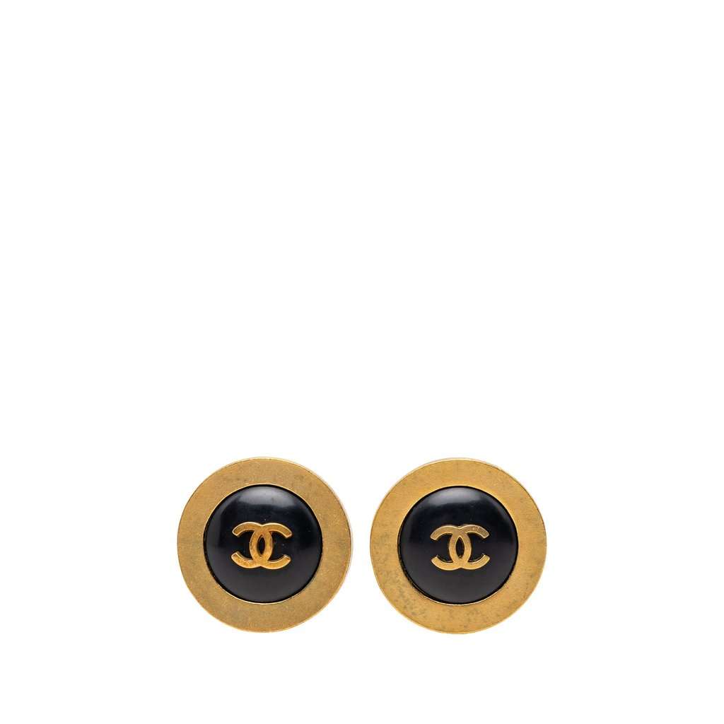 Chanel CC Gold Plated Enamel Round Clip On Earrings Gold Metal Very good condition - Front View
