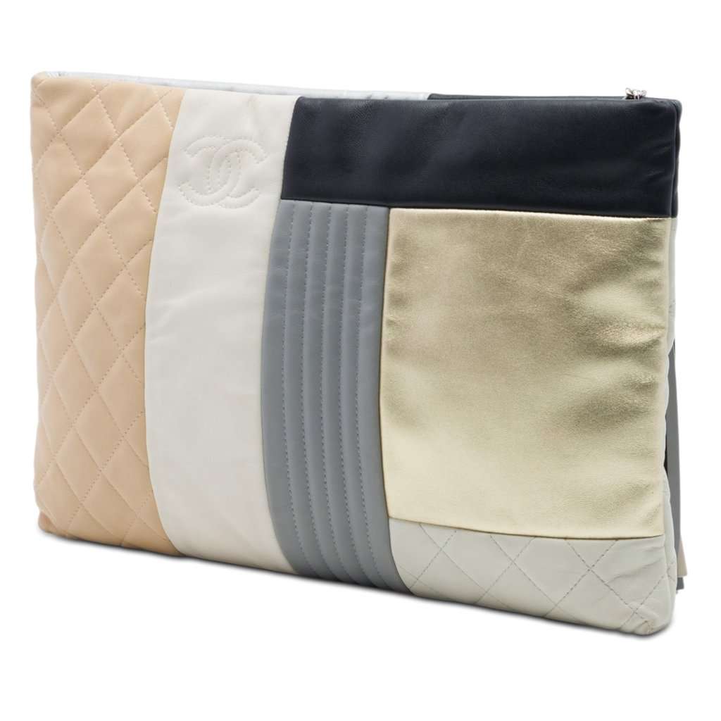 Chanel Large Quilted Lambskin Colorblock Patchwork O Case Clutch Silver Leather Very good - Back View
