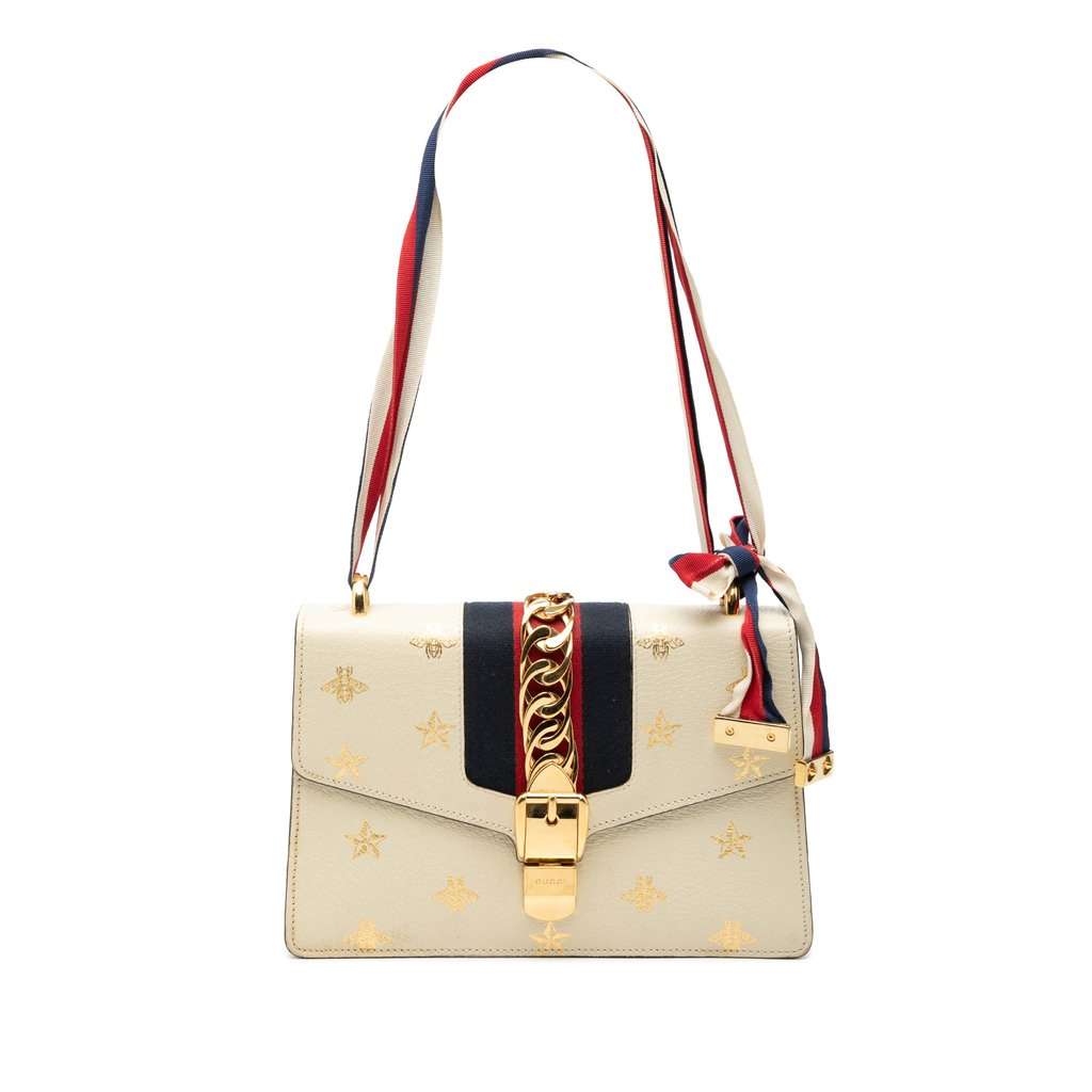 Gucci Small Leather Bee Star Sylvie Satchel White Leather Very good - Front View
