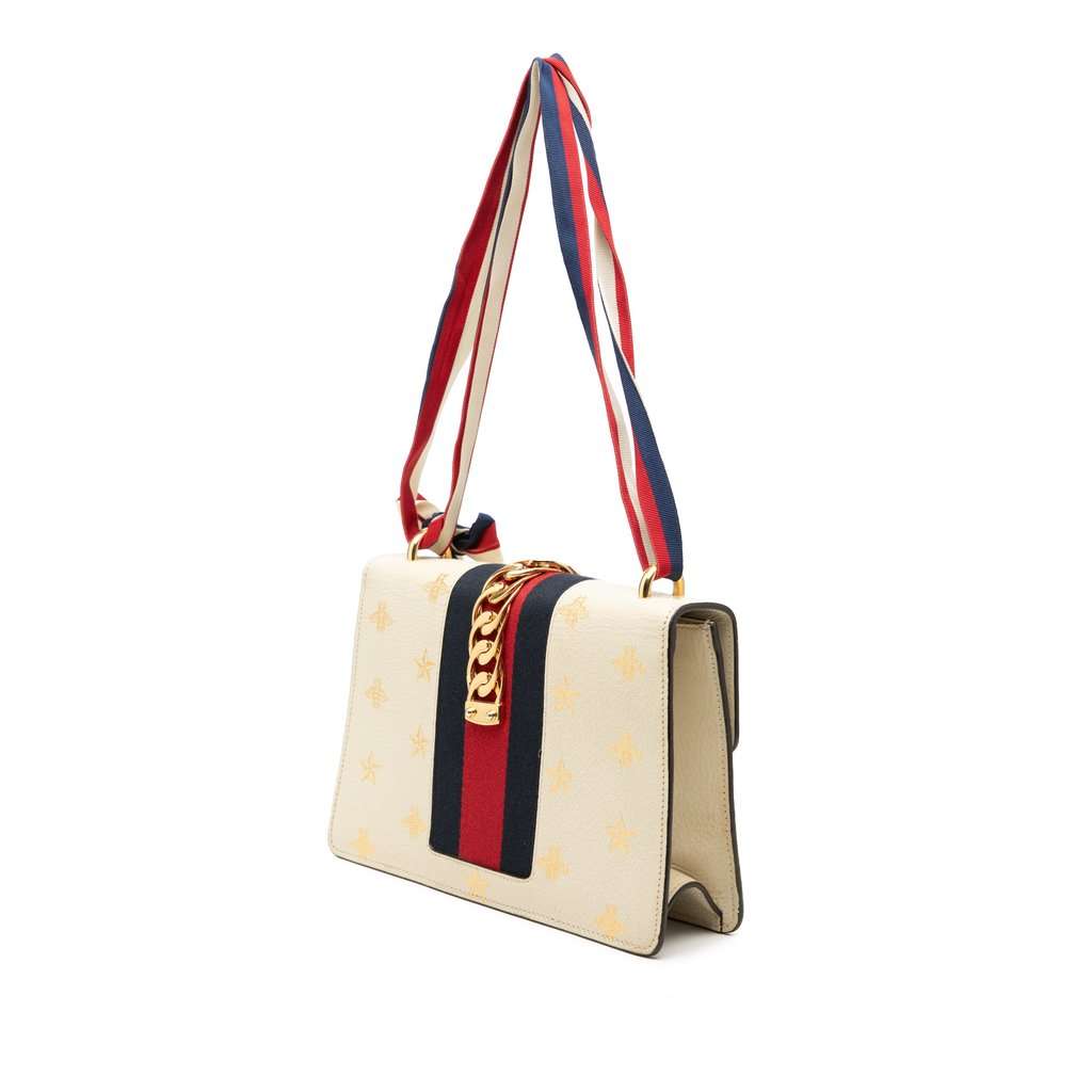 Gucci Small Leather Bee Star Sylvie Satchel White Leather Very good - Back View