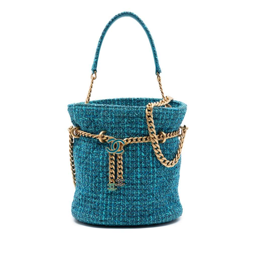 Chanel Tweed Pending CC Top Handle Bucket Bag Blue Very good condition - Front View
