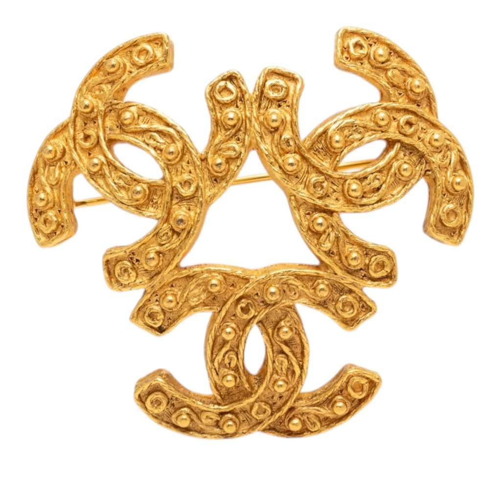 Chanel Gold Plated Triple CC Brooch Gold Metal Very good - Front View