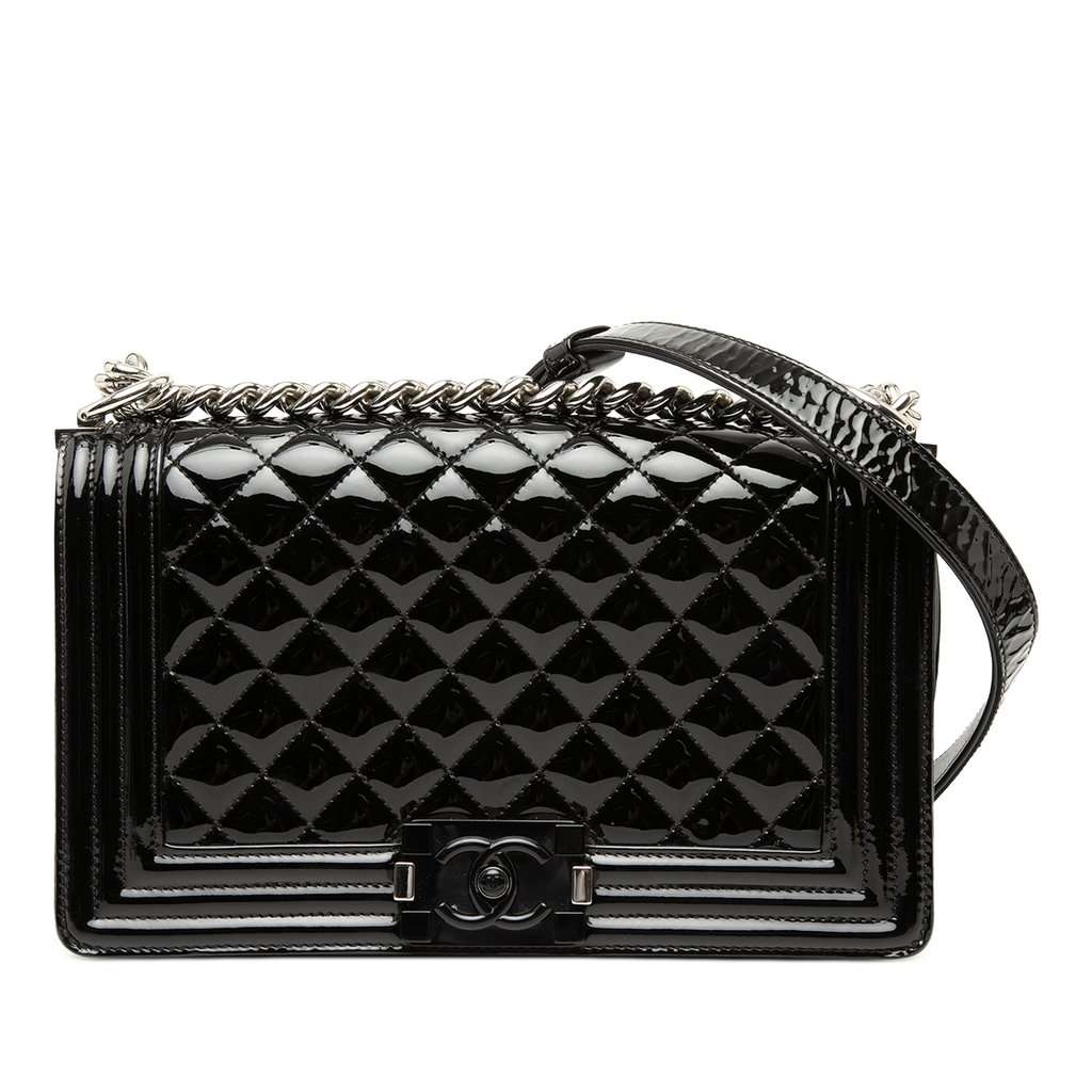 Chanel Old Medium Quilted Patent Acrylic Boy Flap Black Leather Very good - Front View