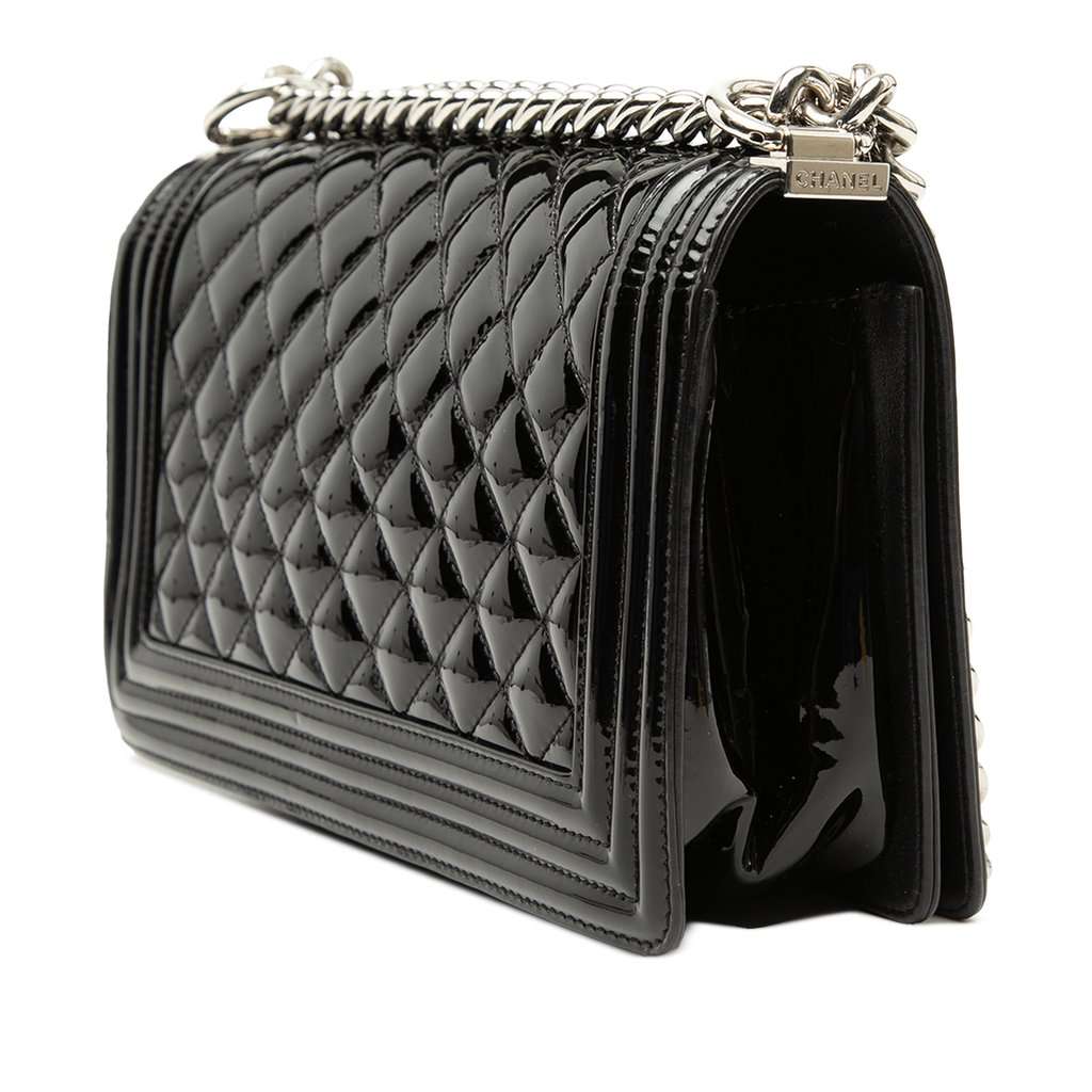 Chanel Old Medium Quilted Patent Acrylic Boy Flap Black Leather Very good - Back View