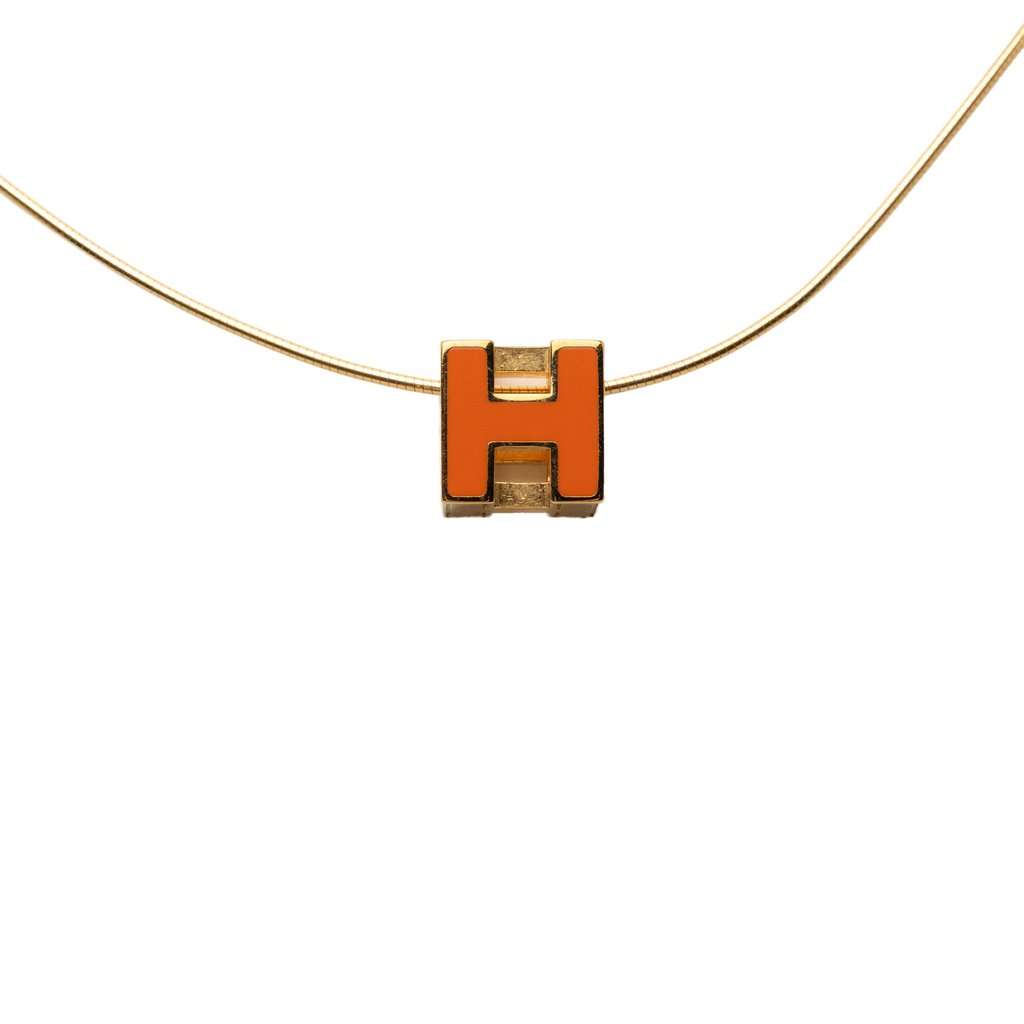 Hermès Gold Plated and Enamel Cage d H Pendant Necklace Gold Metal Very good - Front View