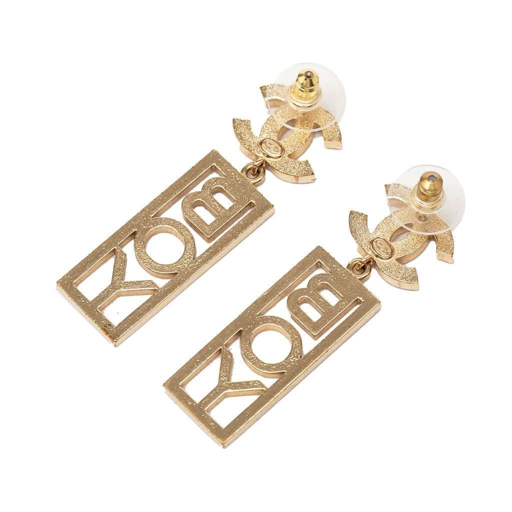 Chanel CC Brass Strass Boy Swing Push Back Earrings Gold Metal Very good - Back View