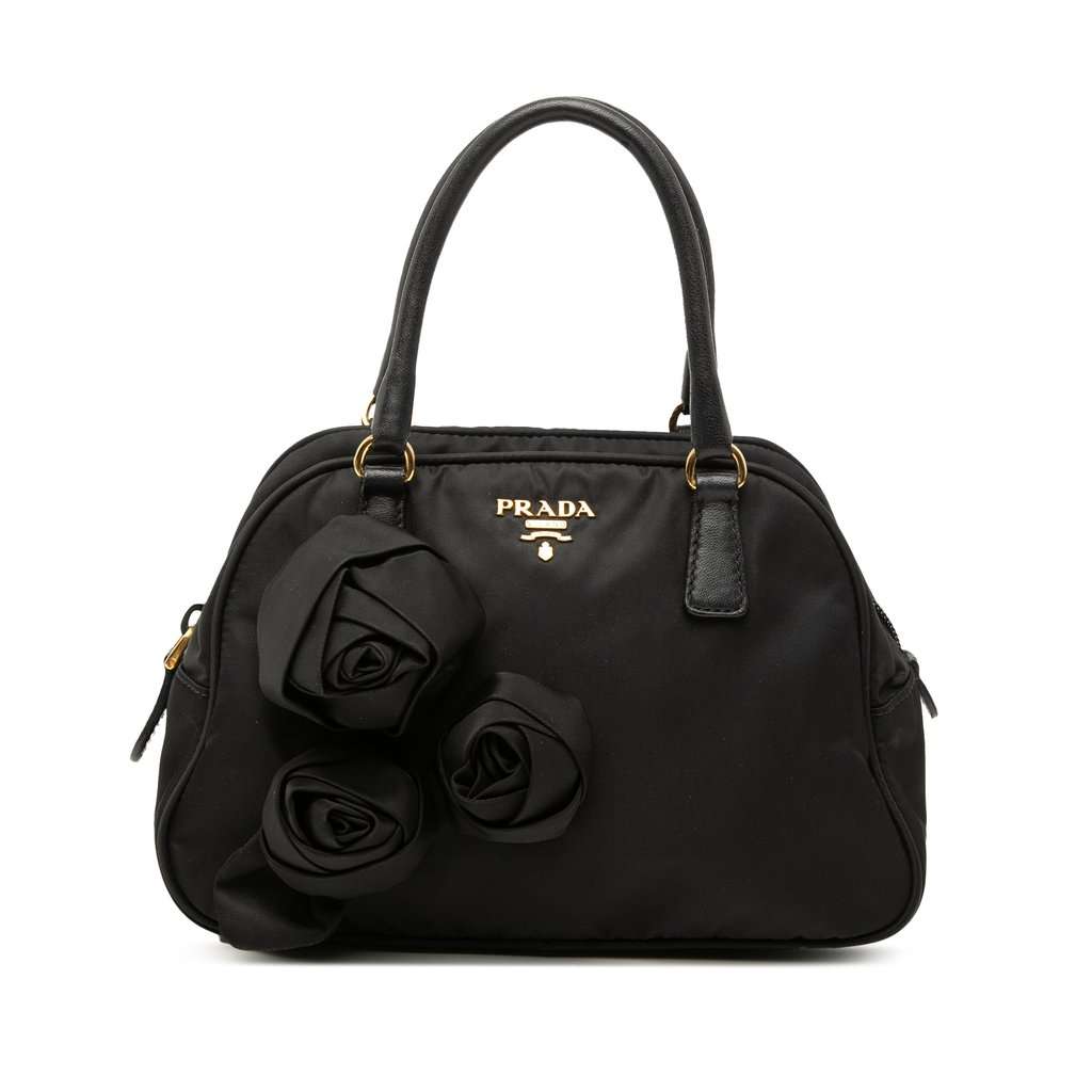 Prada Rose Embellished Tessuto Handbag Black Very good condition - Front View