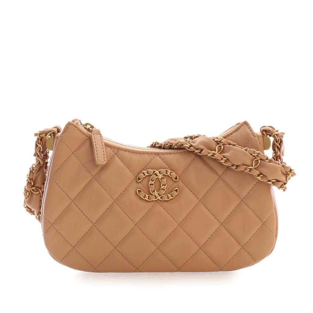 Chanel Small Quilted Aged Calfskin Chanel 19 Hobo Beige Leather Very good - Front View