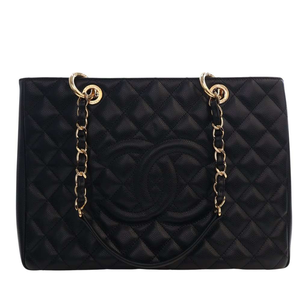 Chanel Caviar Grand Shopping Tote Black Leather Very good - Front View