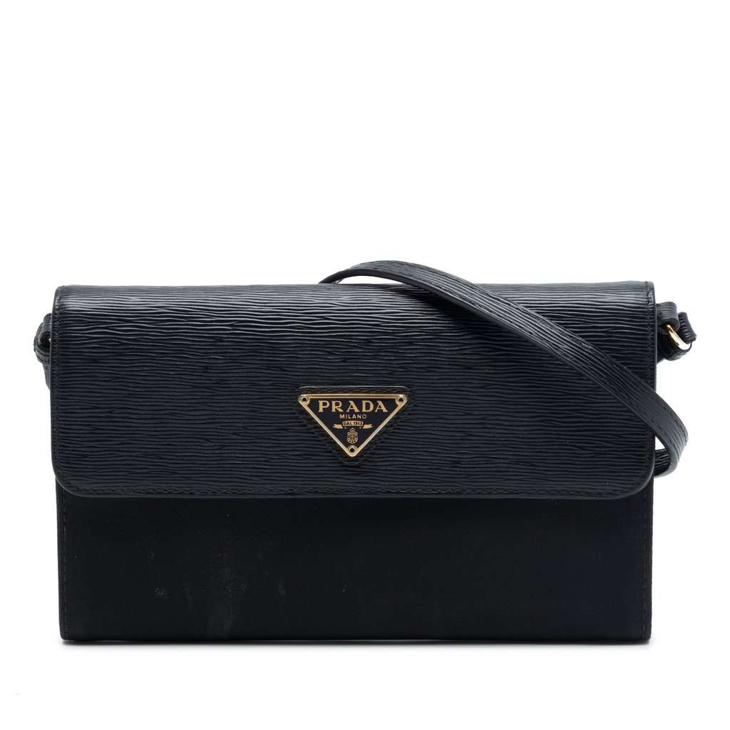 Prada Vitello Move and Tessuto Wallet On Strap Black Very good - Front View