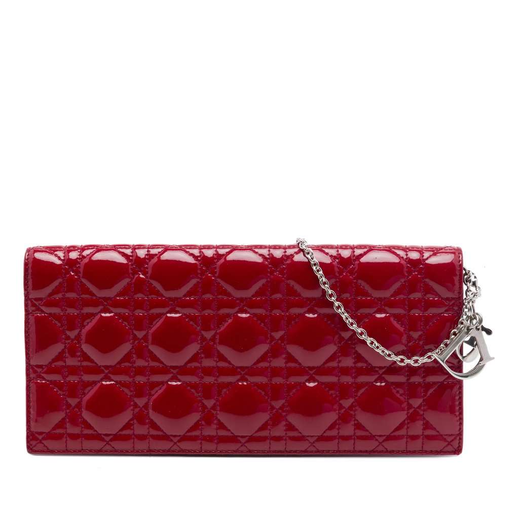 Dior Patent Cannage Lady Dior Clutch with Chain Red Leather Very good condition - Front View