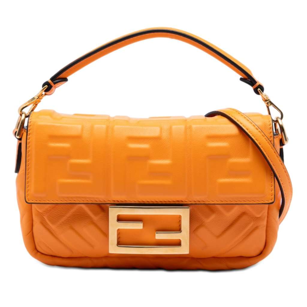 Fendi Mini Zucca Embossed Leather Baguette Satchel Orange Leather Very good condition - Front View