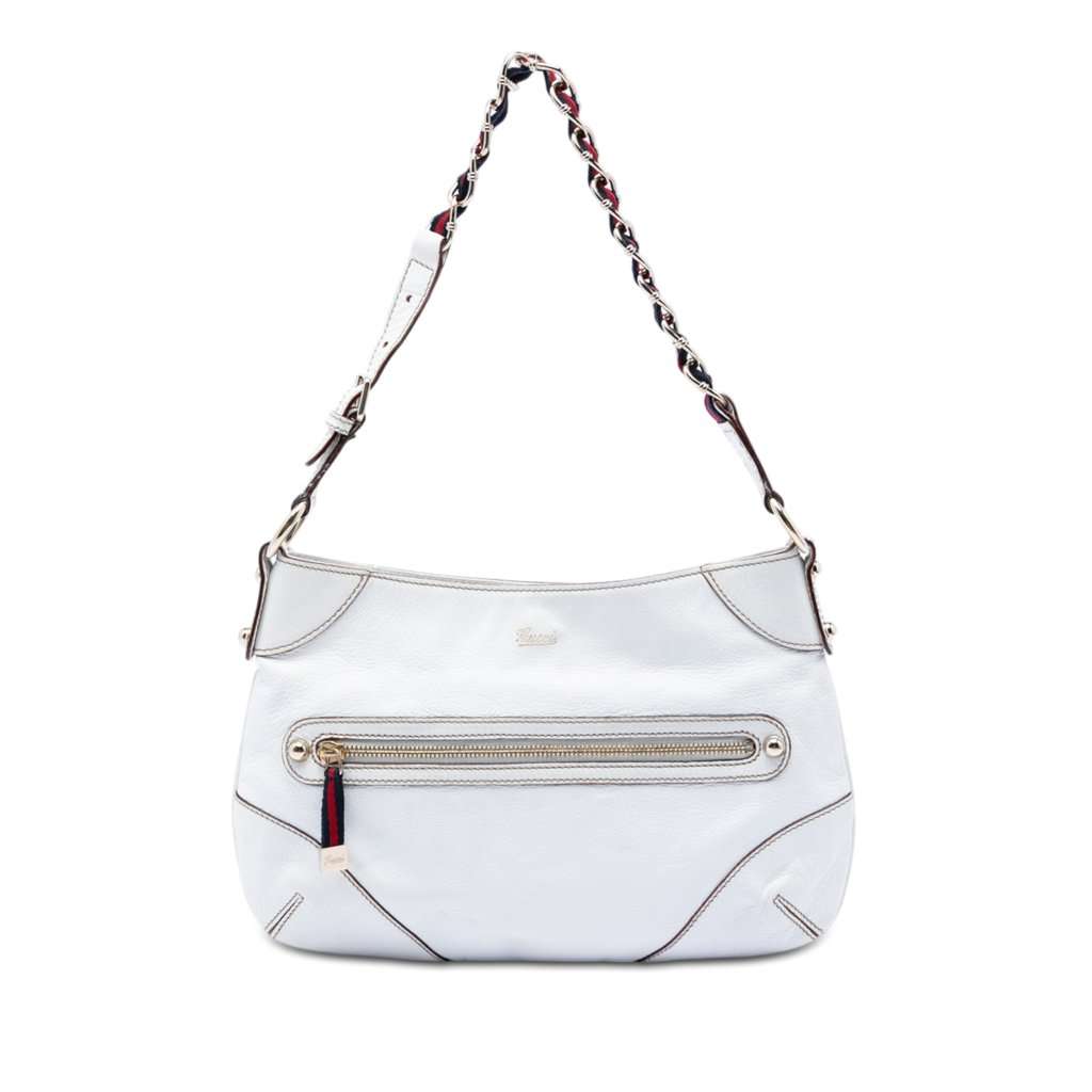Gucci Calfskin Web Capri Ranch Kid Shoulder Bag White Leather Very good condition - Front View